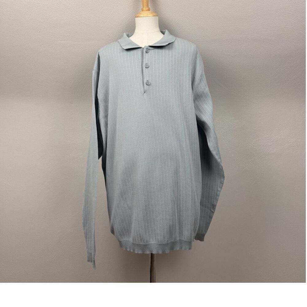 Maus & Hoffman Men's Striped Knit Pullover Sweater Collared Button Light Blue XL